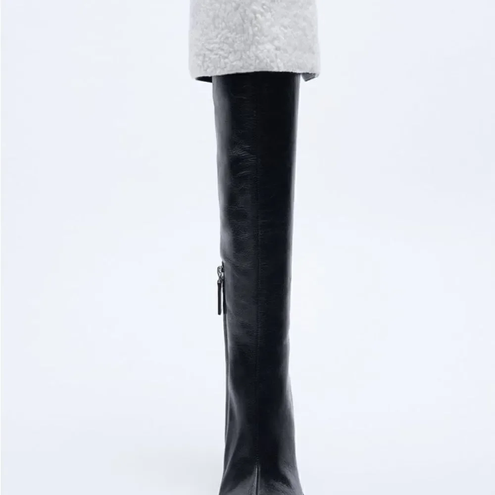 Zara OVER-THE-KNEE LEATHER BOOTS WITH FAUX SHEARLING LINING